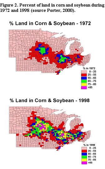 Text Box: Figure 2. Percent of land in corn and soybean during 1972 and 1998 (source Porter, 2000).